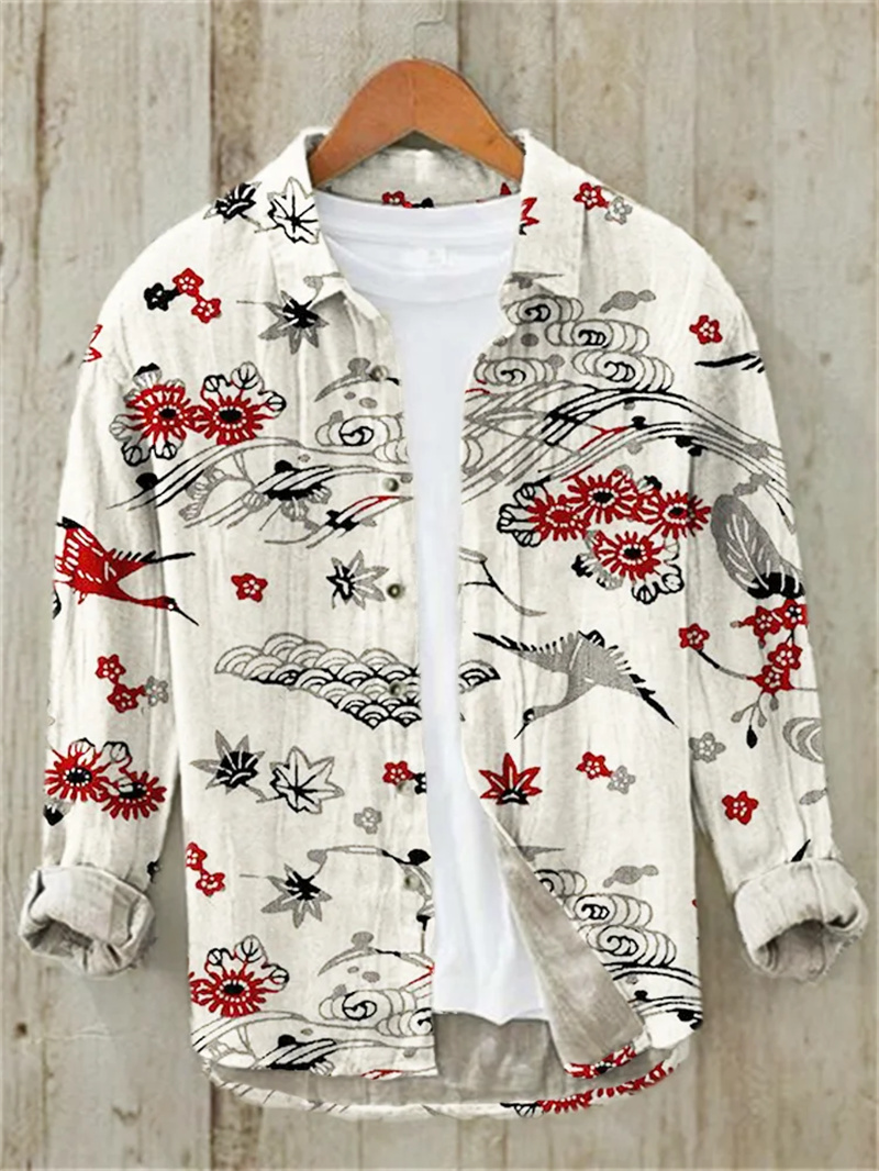Vintage Collectible Shop - Men's Fish Printed Linen Long Sleeve